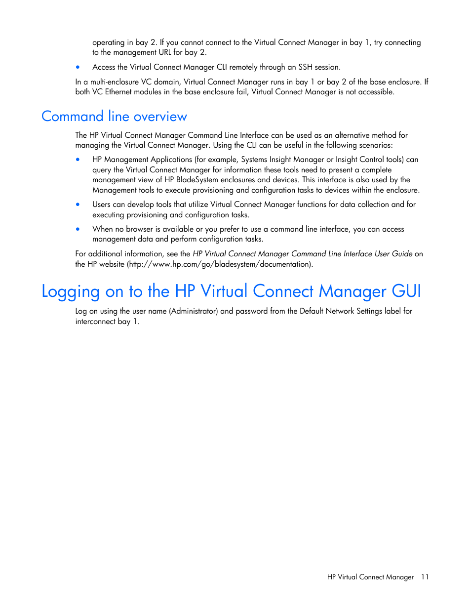 Command line overview, Logging on to the hp virtual connect manager gui | HP Virtual Connect Flex-10 10Gb Ethernet Module for c-Class BladeSystem User Manual | Page 11 / 169