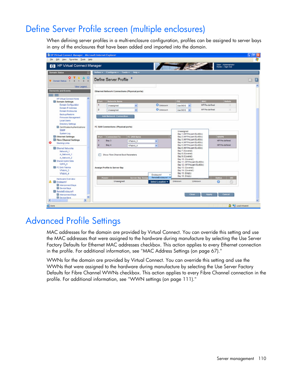 Define server profile screen (multiple enclosures), Advanced profile settings | HP Virtual Connect Flex-10 10Gb Ethernet Module for c-Class BladeSystem User Manual | Page 110 / 169