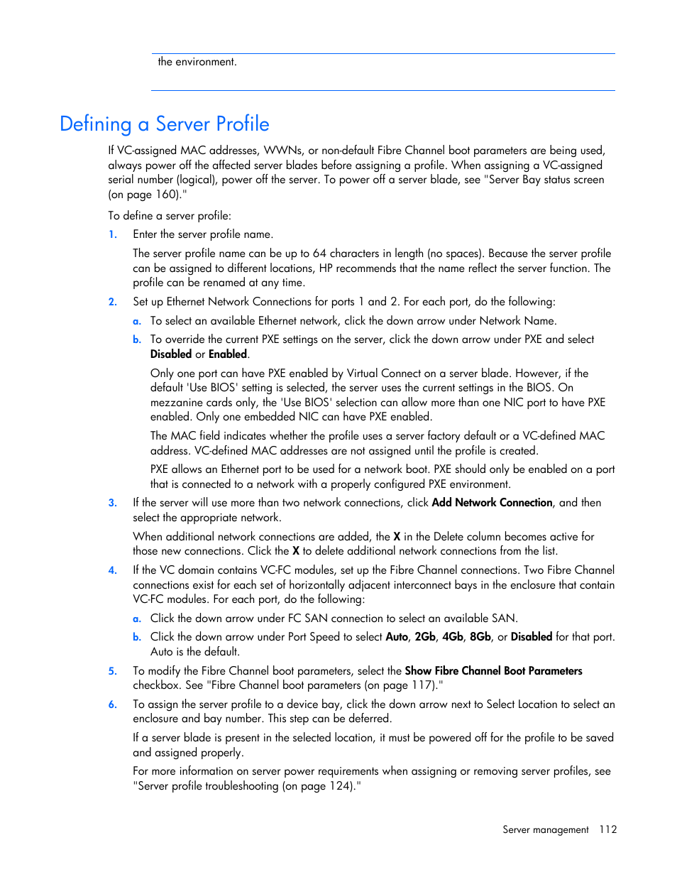 Defining a server profile | HP Virtual Connect Flex-10 10Gb Ethernet Module for c-Class BladeSystem User Manual | Page 112 / 169