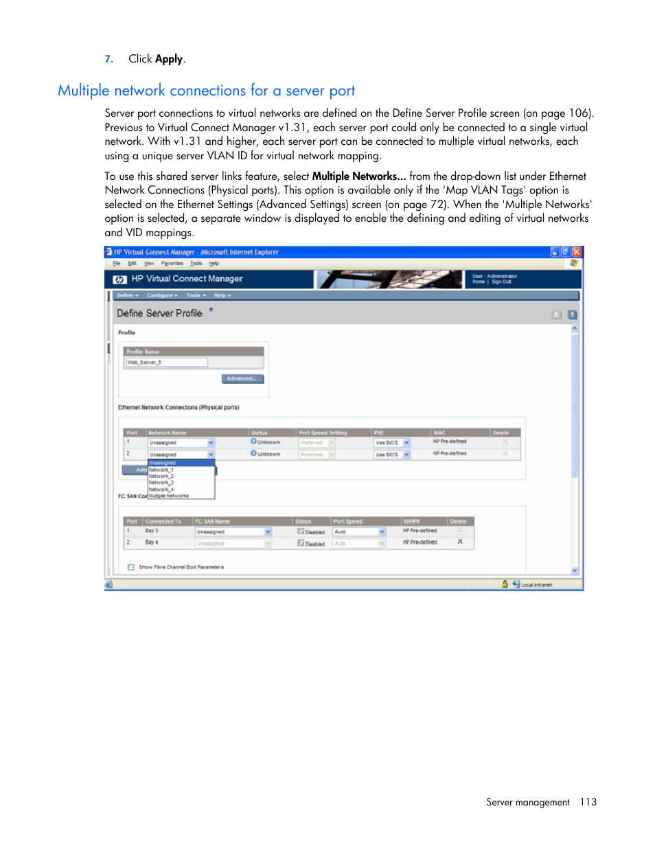 Multiple network connections for a server port | HP Virtual Connect Flex-10 10Gb Ethernet Module for c-Class BladeSystem User Manual | Page 113 / 169