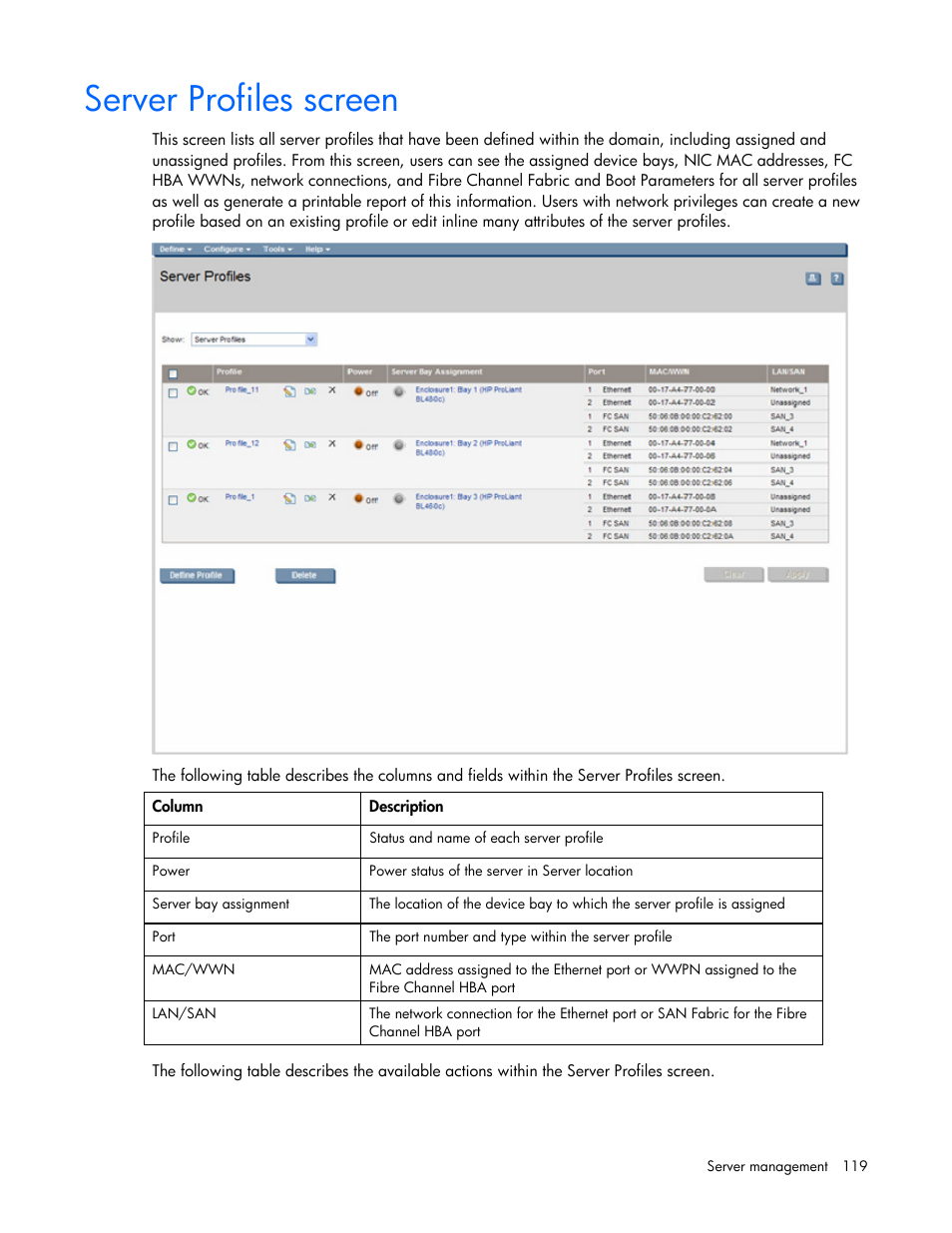 Server profiles screen | HP Virtual Connect Flex-10 10Gb Ethernet Module for c-Class BladeSystem User Manual | Page 119 / 169