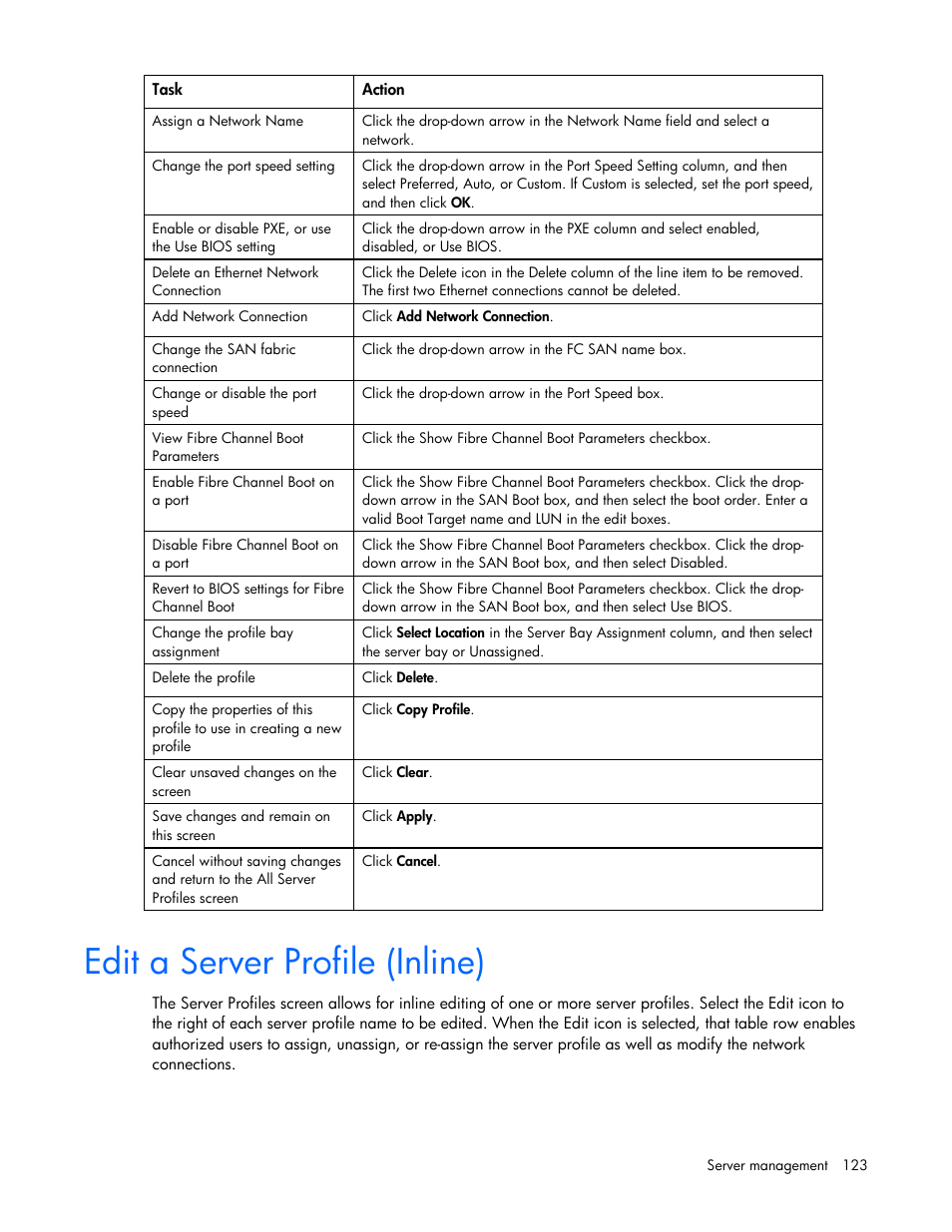 Edit a server profile (inline) | HP Virtual Connect Flex-10 10Gb Ethernet Module for c-Class BladeSystem User Manual | Page 123 / 169