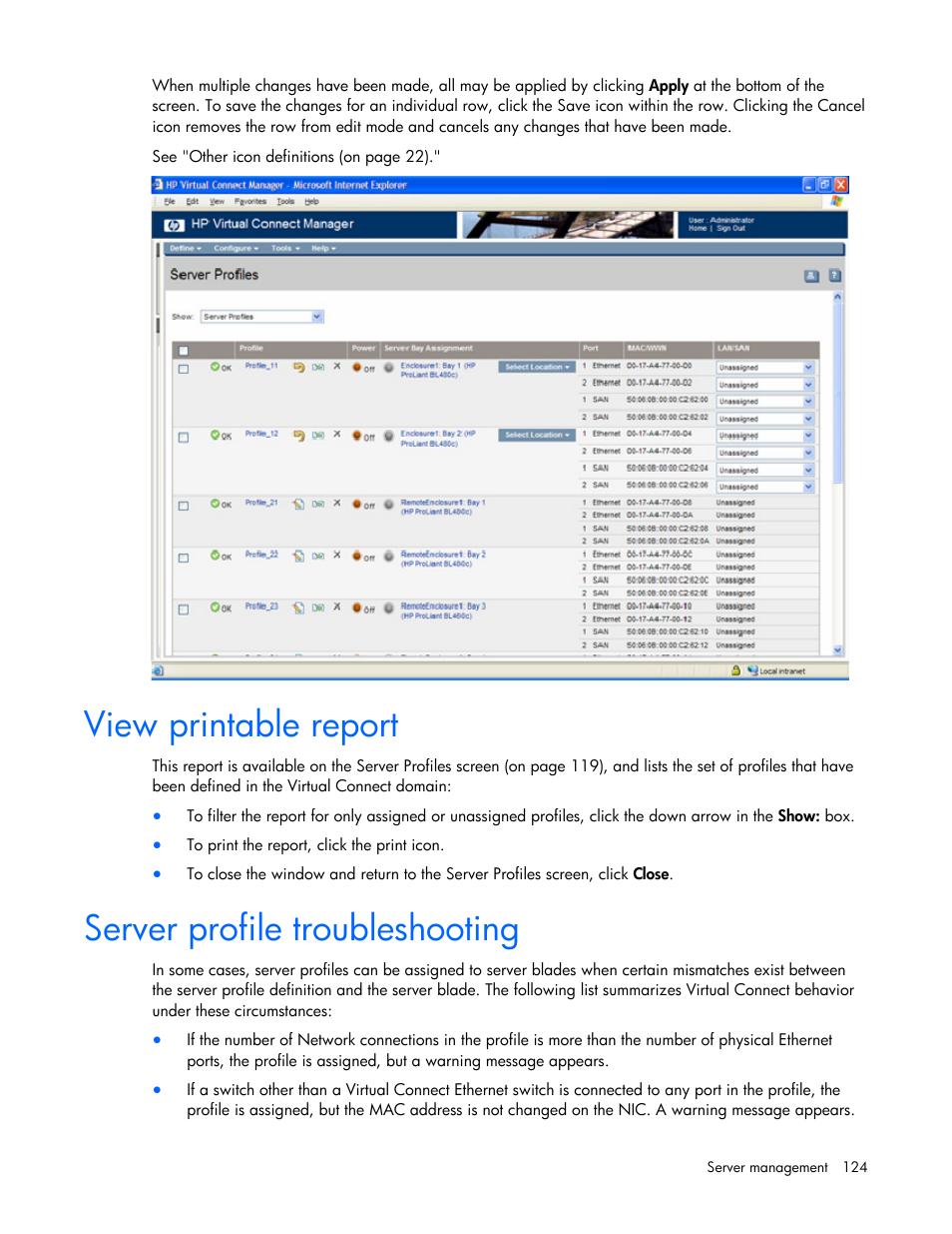 View printable report, Server profile troubleshooting | HP Virtual Connect Flex-10 10Gb Ethernet Module for c-Class BladeSystem User Manual | Page 124 / 169