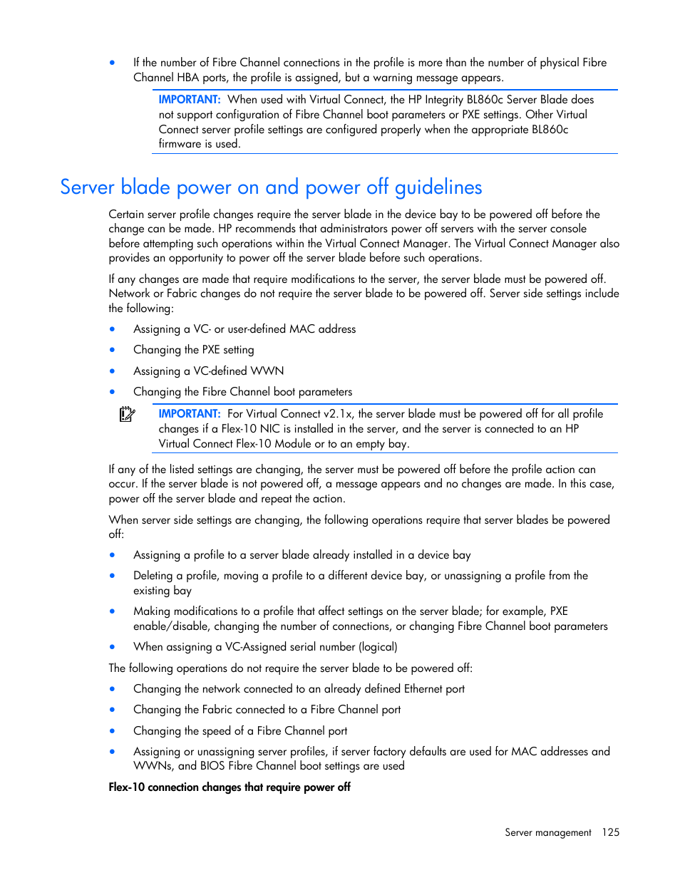 Server blade power on and power off guidelines | HP Virtual Connect Flex-10 10Gb Ethernet Module for c-Class BladeSystem User Manual | Page 125 / 169