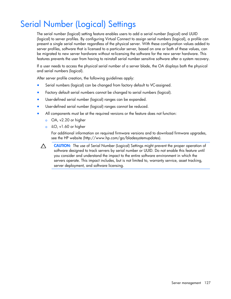 Serial number (logical) settings, Serial number (logical) settings" on, E 127) | HP Virtual Connect Flex-10 10Gb Ethernet Module for c-Class BladeSystem User Manual | Page 127 / 169