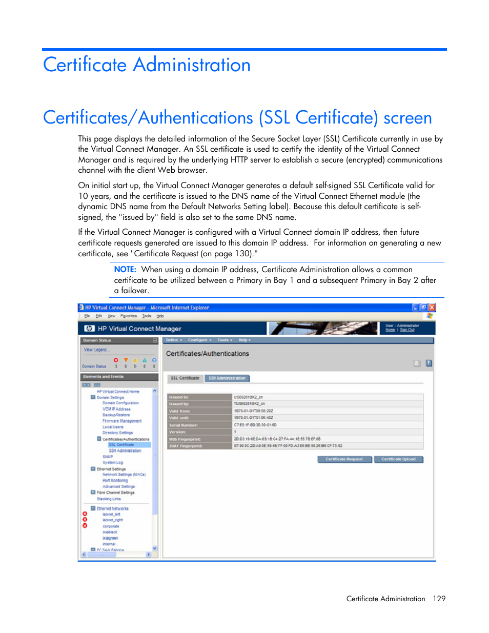 Certificate administration, Ge 129) | HP Virtual Connect Flex-10 10Gb Ethernet Module for c-Class BladeSystem User Manual | Page 129 / 169