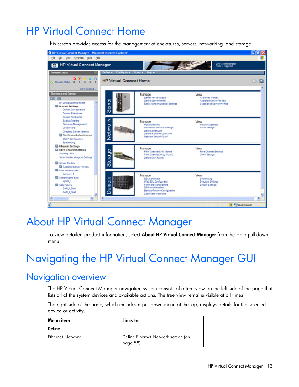 Hp virtual connect home, About hp virtual connect manager, Navigating the hp virtual connect manager gui | Navigation overview | HP Virtual Connect Flex-10 10Gb Ethernet Module for c-Class BladeSystem User Manual | Page 13 / 169