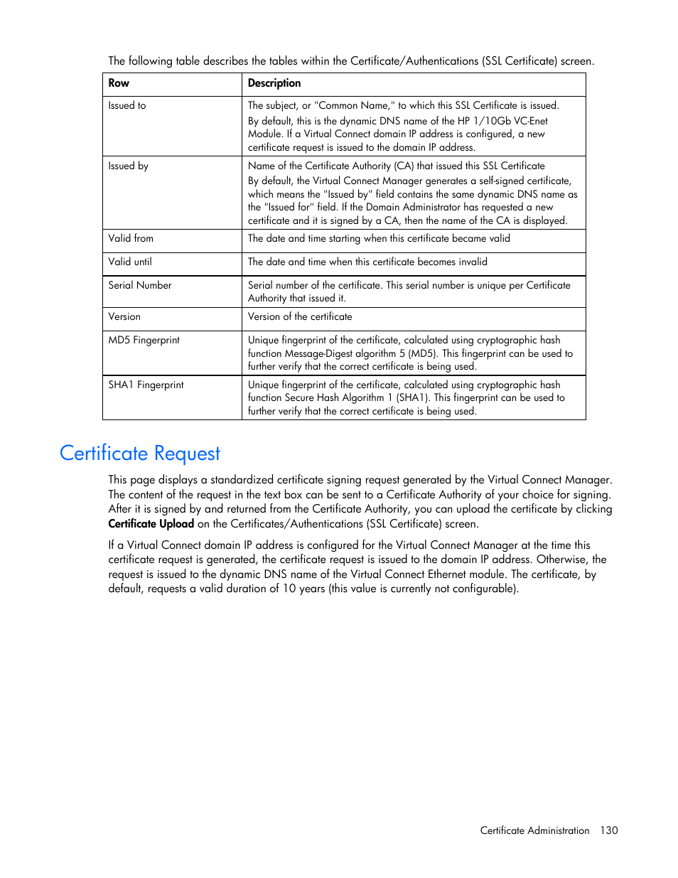 Certificate request | HP Virtual Connect Flex-10 10Gb Ethernet Module for c-Class BladeSystem User Manual | Page 130 / 169