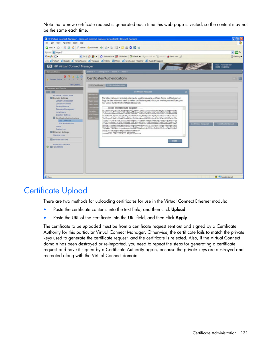 Certificate upload | HP Virtual Connect Flex-10 10Gb Ethernet Module for c-Class BladeSystem User Manual | Page 131 / 169