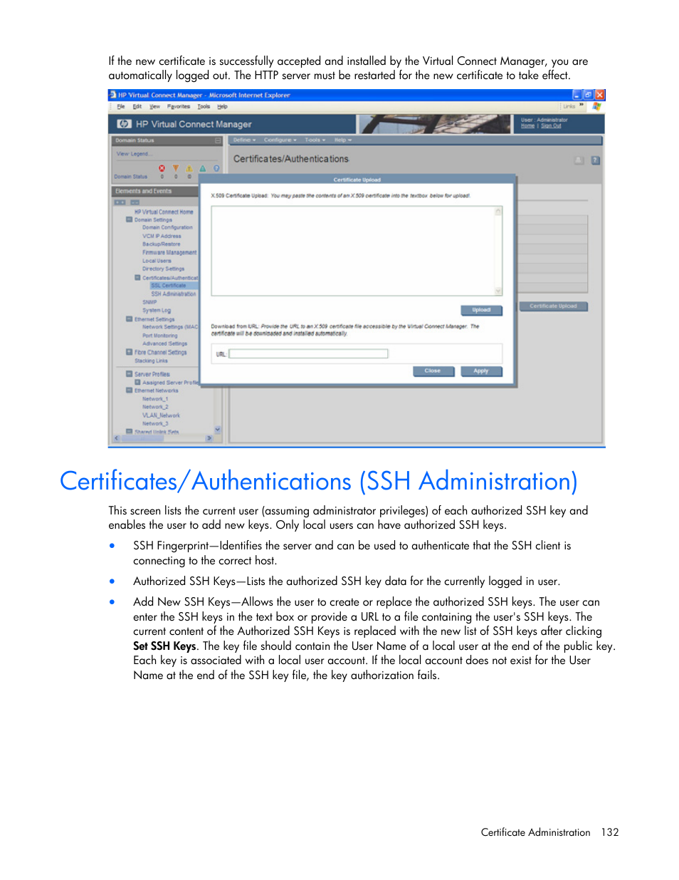 Certificates/authentications (ssh administration) | HP Virtual Connect Flex-10 10Gb Ethernet Module for c-Class BladeSystem User Manual | Page 132 / 169