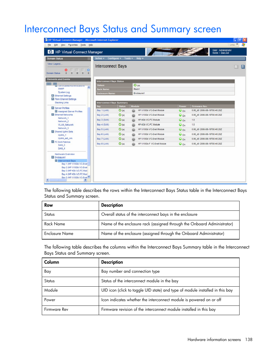 Interconnect bays status and summary screen | HP Virtual Connect Flex-10 10Gb Ethernet Module for c-Class BladeSystem User Manual | Page 138 / 169