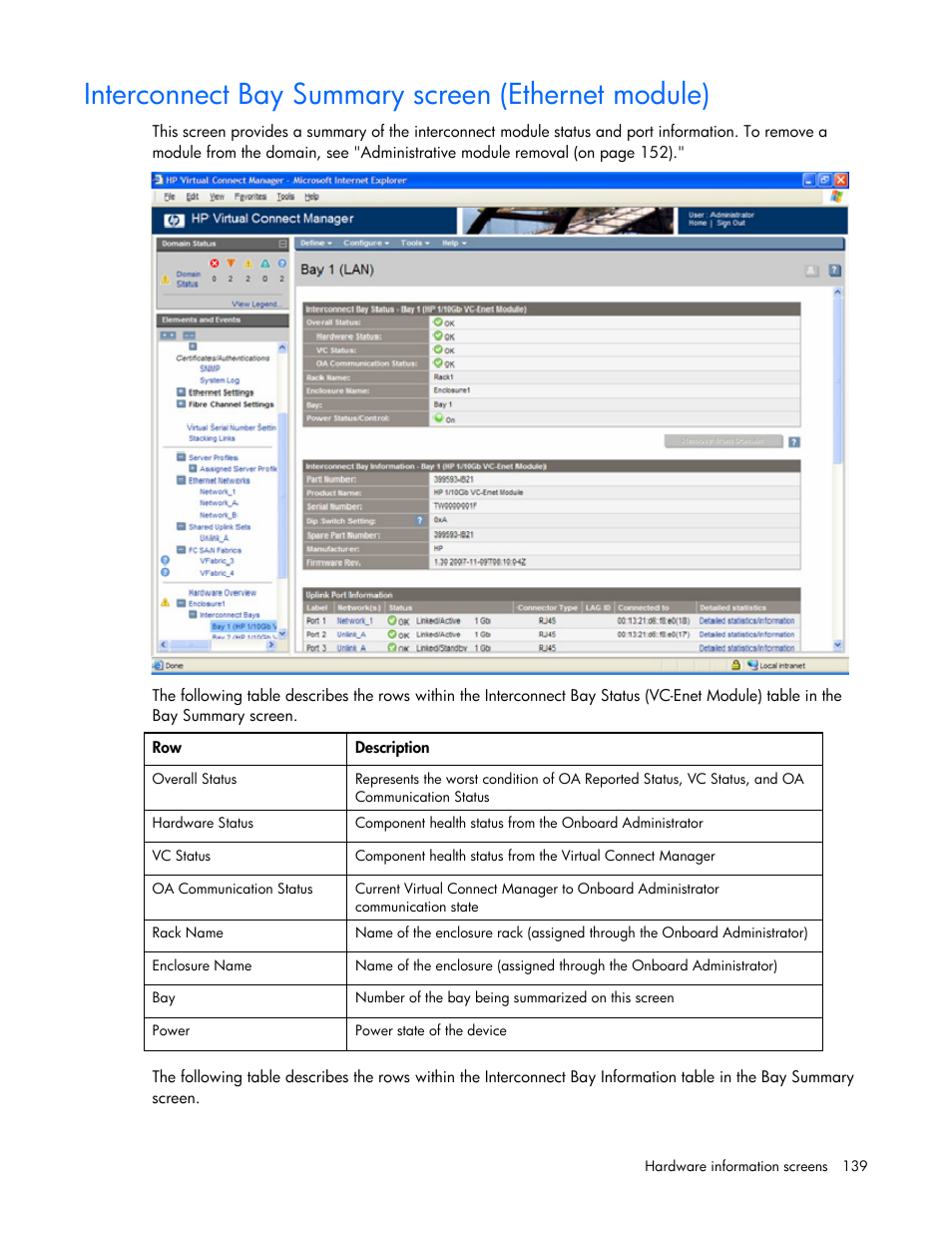 Interconnect bay summary screen (ethernet module) | HP Virtual Connect Flex-10 10Gb Ethernet Module for c-Class BladeSystem User Manual | Page 139 / 169