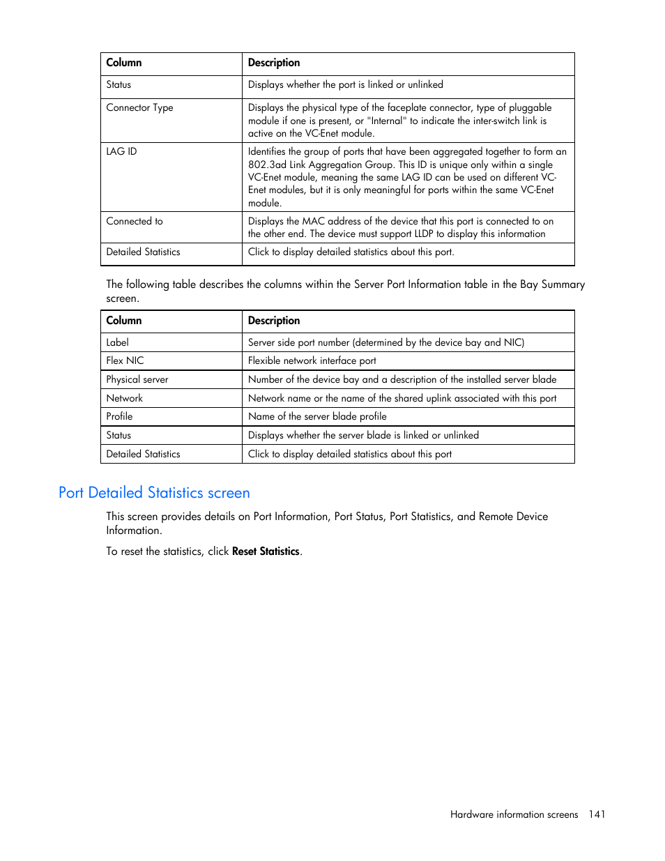 Port detailed statistics screen | HP Virtual Connect Flex-10 10Gb Ethernet Module for c-Class BladeSystem User Manual | Page 141 / 169