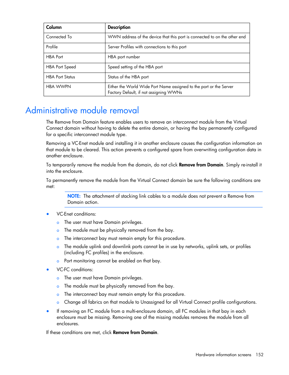 Administrative module removal | HP Virtual Connect Flex-10 10Gb Ethernet Module for c-Class BladeSystem User Manual | Page 152 / 169