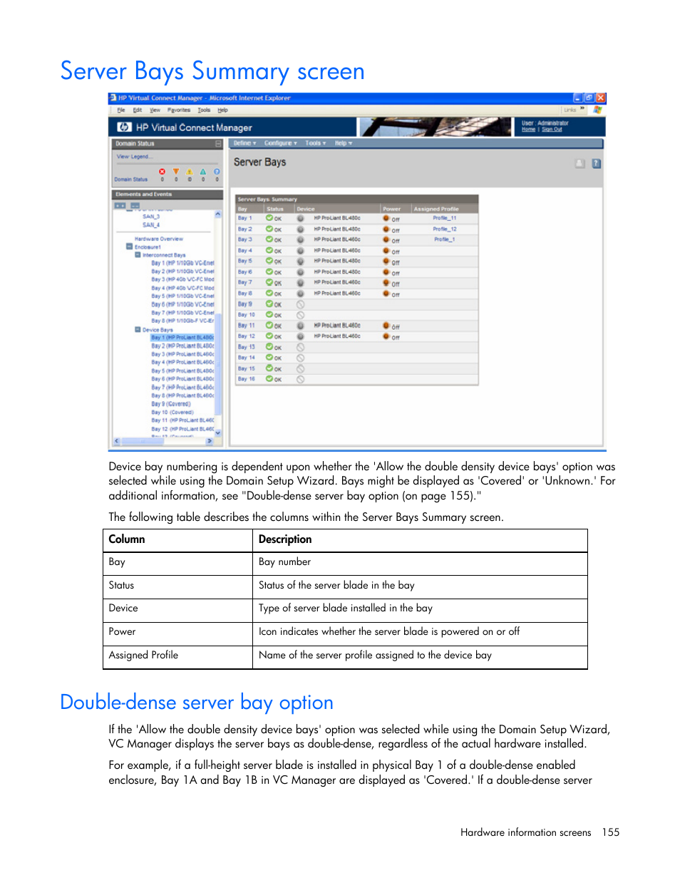 Server bays summary screen, Double-dense server bay option | HP Virtual Connect Flex-10 10Gb Ethernet Module for c-Class BladeSystem User Manual | Page 155 / 169