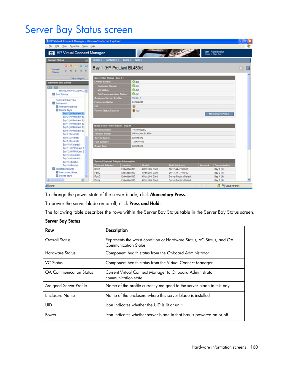 Server bay status screen | HP Virtual Connect Flex-10 10Gb Ethernet Module for c-Class BladeSystem User Manual | Page 160 / 169