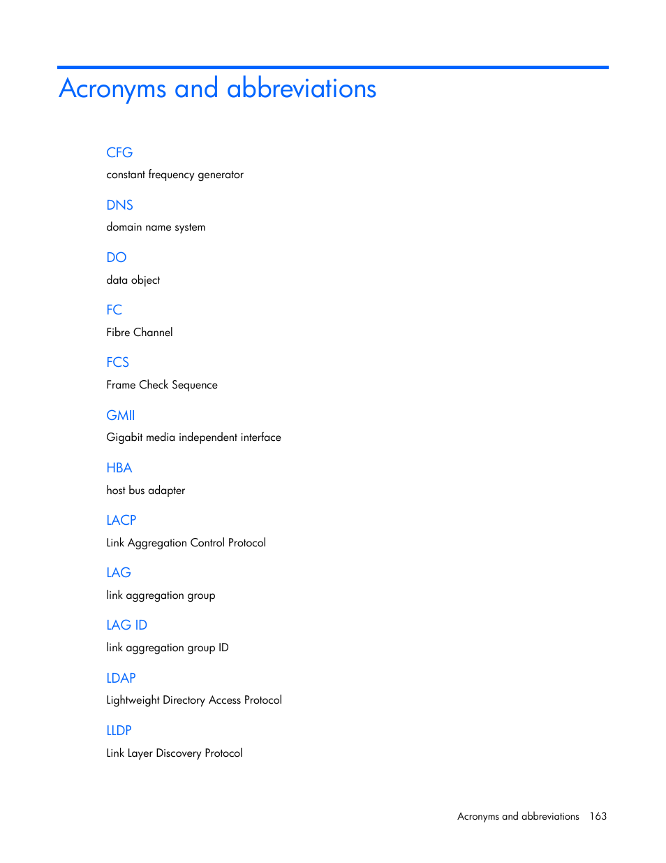 Acronyms and abbreviations | HP Virtual Connect Flex-10 10Gb Ethernet Module for c-Class BladeSystem User Manual | Page 163 / 169