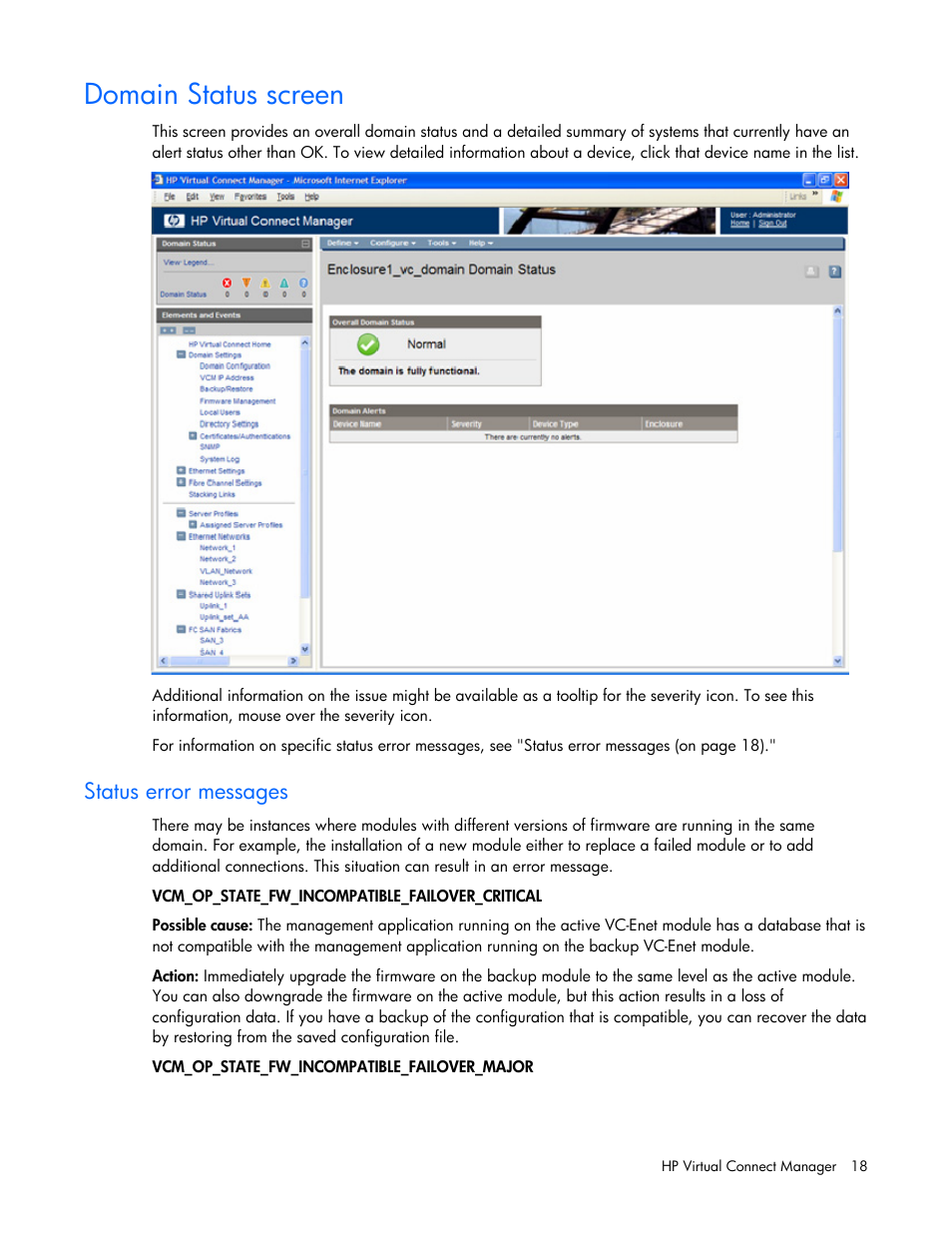 Domain status screen, Status error messages | HP Virtual Connect Flex-10 10Gb Ethernet Module for c-Class BladeSystem User Manual | Page 18 / 169