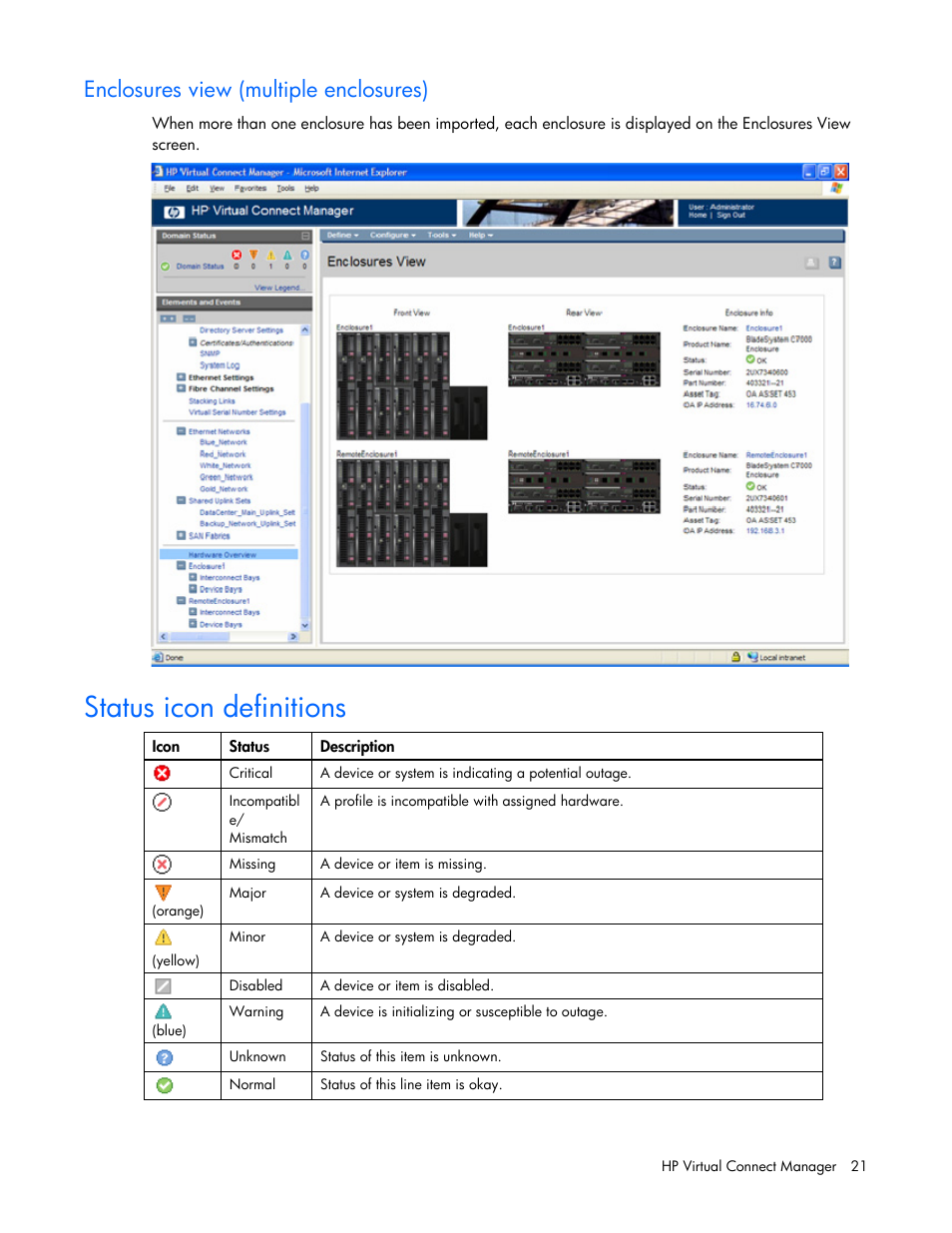 Enclosures view (multiple enclosures), Status icon definitions | HP Virtual Connect Flex-10 10Gb Ethernet Module for c-Class BladeSystem User Manual | Page 21 / 169