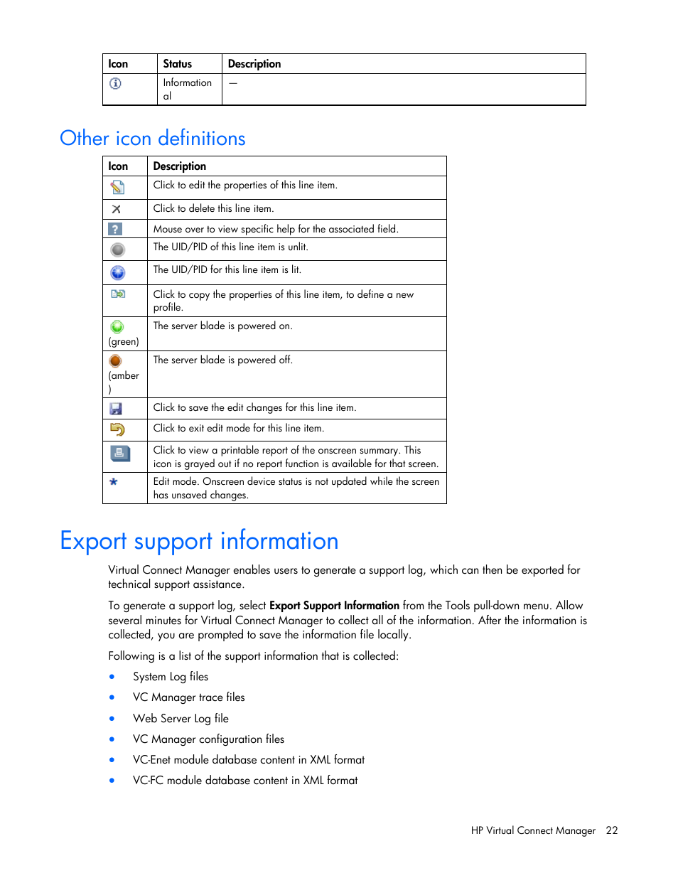 Other icon definitions, Export support information | HP Virtual Connect Flex-10 10Gb Ethernet Module for c-Class BladeSystem User Manual | Page 22 / 169