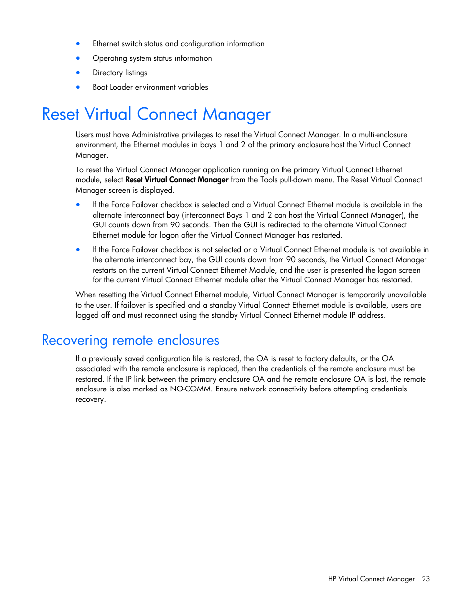 Reset virtual connect manager, Recovering remote enclosures, Reset virtual connect manager" on | HP Virtual Connect Flex-10 10Gb Ethernet Module for c-Class BladeSystem User Manual | Page 23 / 169