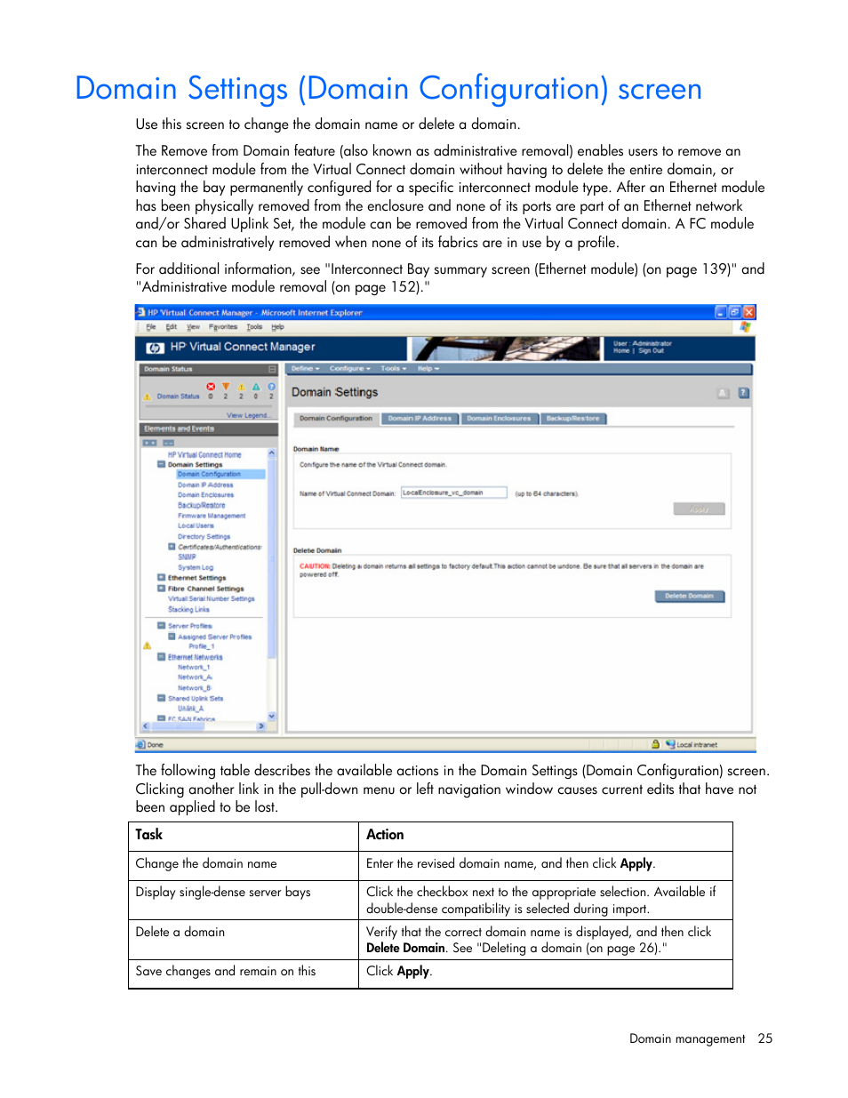 Domain settings (domain configuration) screen | HP Virtual Connect Flex-10 10Gb Ethernet Module for c-Class BladeSystem User Manual | Page 25 / 169