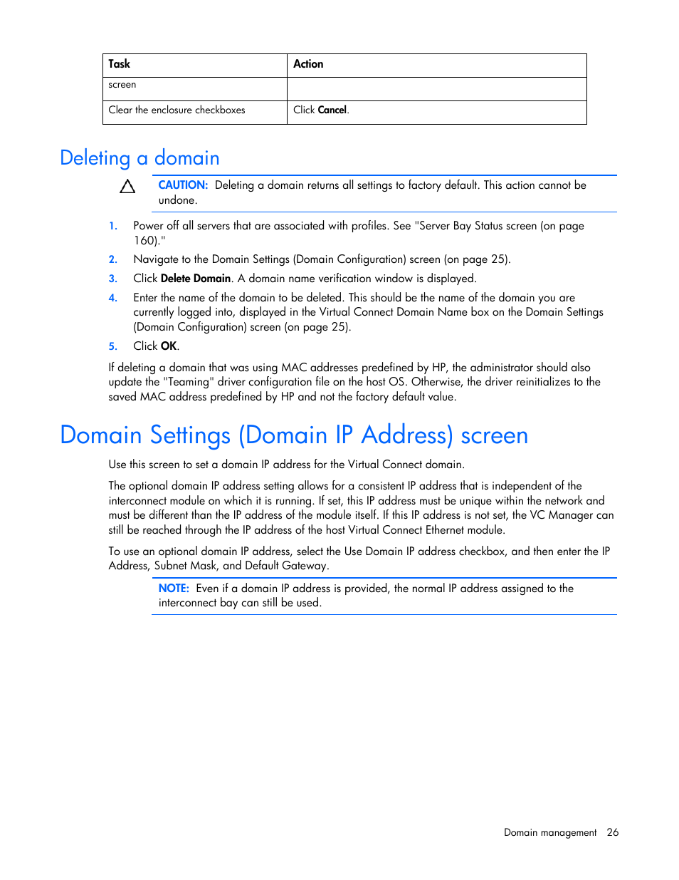 Deleting a domain, Domain settings (domain ip address) screen | HP Virtual Connect Flex-10 10Gb Ethernet Module for c-Class BladeSystem User Manual | Page 26 / 169