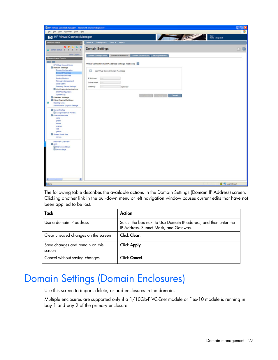 Domain settings (domain enclosures) | HP Virtual Connect Flex-10 10Gb Ethernet Module for c-Class BladeSystem User Manual | Page 27 / 169