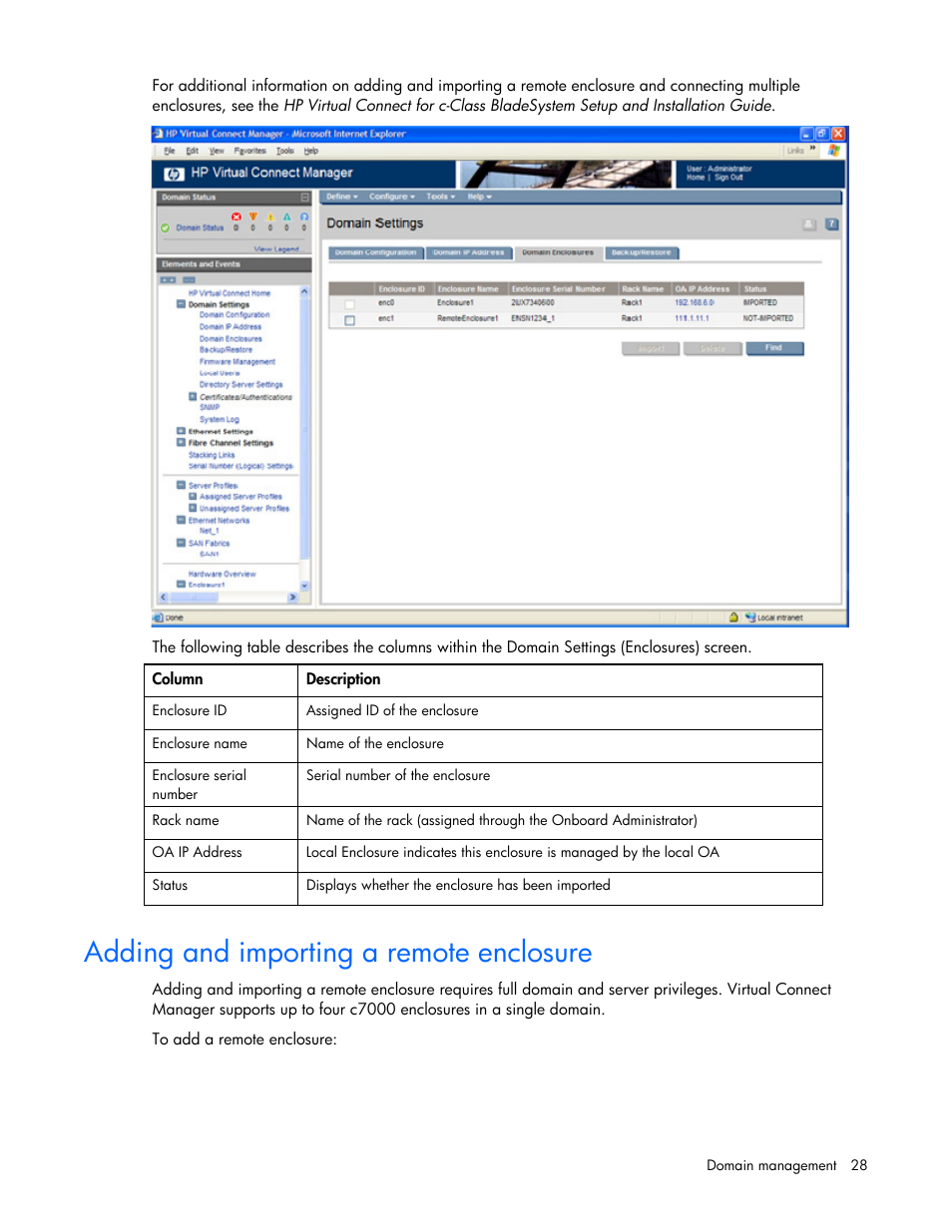 Adding and importing a remote enclosure | HP Virtual Connect Flex-10 10Gb Ethernet Module for c-Class BladeSystem User Manual | Page 28 / 169