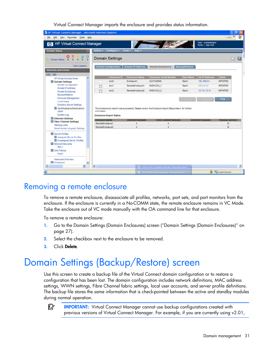 Removing a remote enclosure, Domain settings (backup/restore) screen | HP Virtual Connect Flex-10 10Gb Ethernet Module for c-Class BladeSystem User Manual | Page 31 / 169