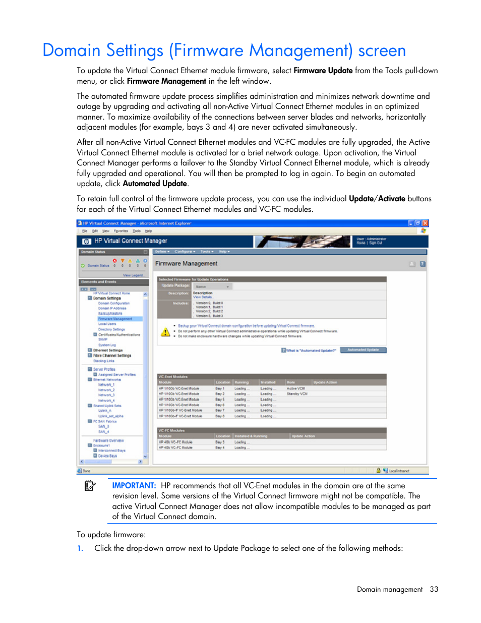 Domain settings (firmware management) screen | HP Virtual Connect Flex-10 10Gb Ethernet Module for c-Class BladeSystem User Manual | Page 33 / 169