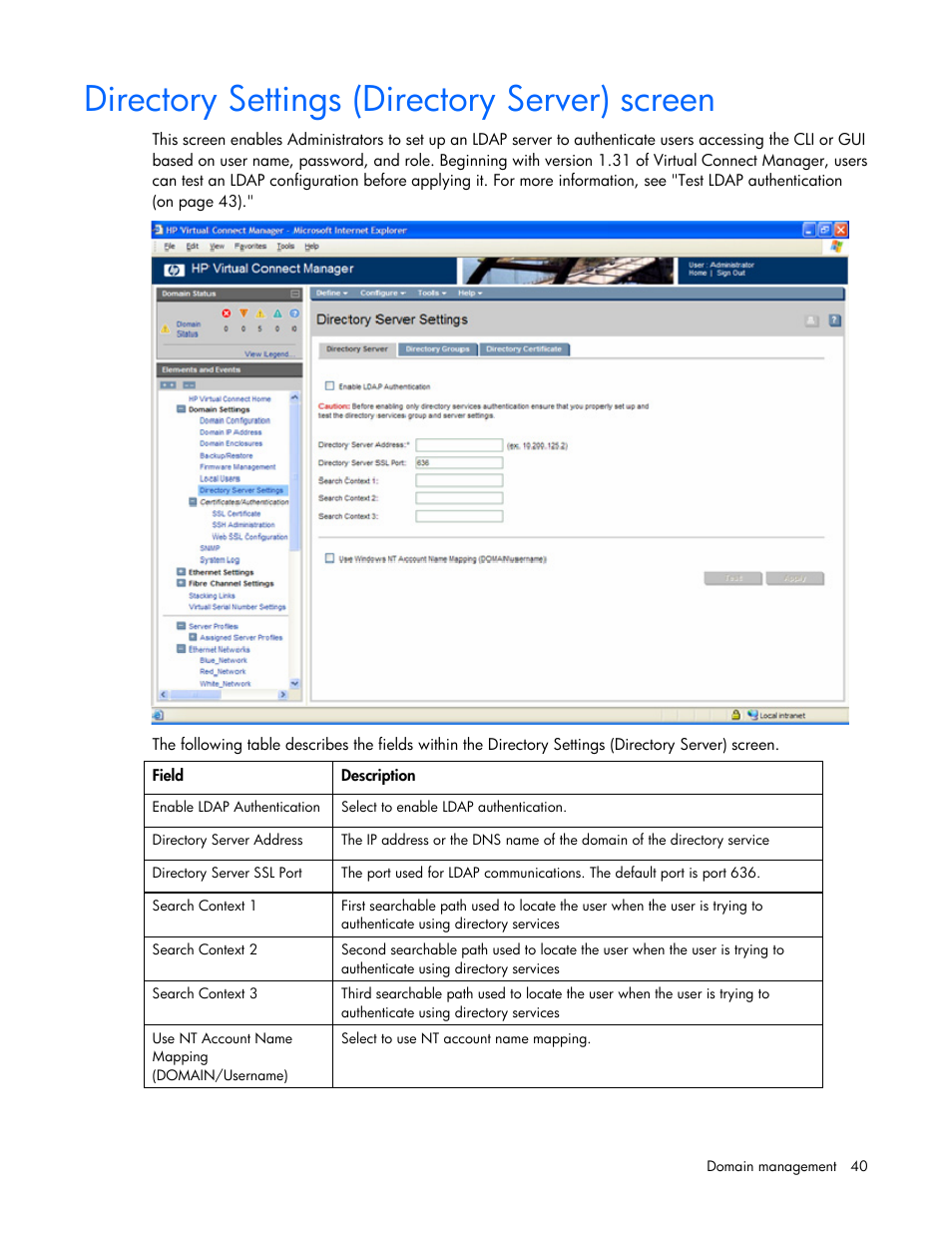 Directory settings (directory server) screen | HP Virtual Connect Flex-10 10Gb Ethernet Module for c-Class BladeSystem User Manual | Page 40 / 169