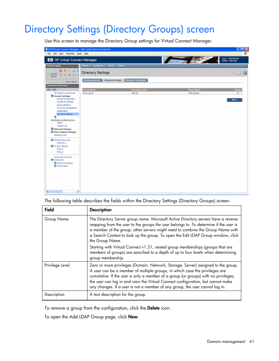 Directory settings (directory groups) screen | HP Virtual Connect Flex-10 10Gb Ethernet Module for c-Class BladeSystem User Manual | Page 41 / 169