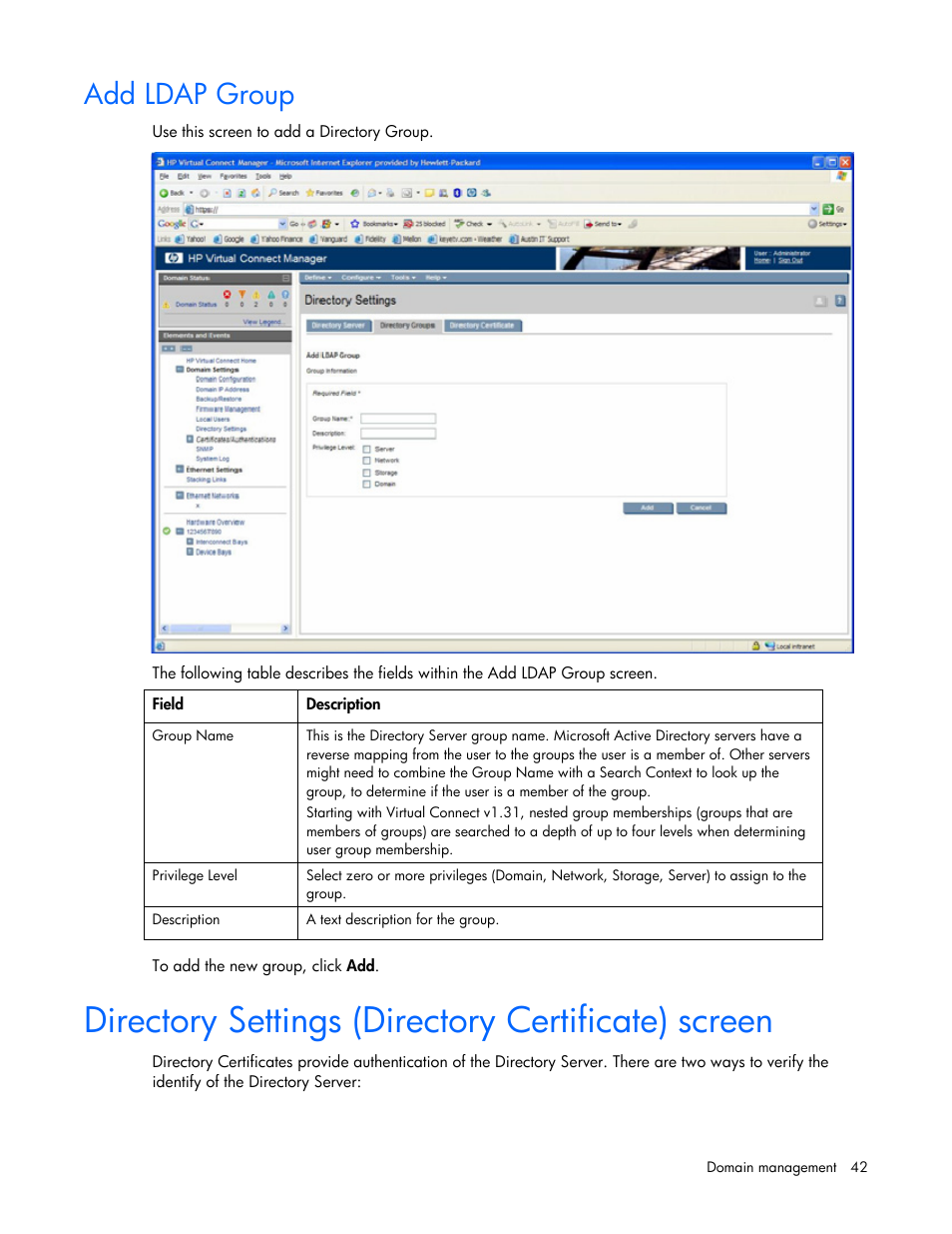 Add ldap group, Directory settings (directory certificate) screen | HP Virtual Connect Flex-10 10Gb Ethernet Module for c-Class BladeSystem User Manual | Page 42 / 169