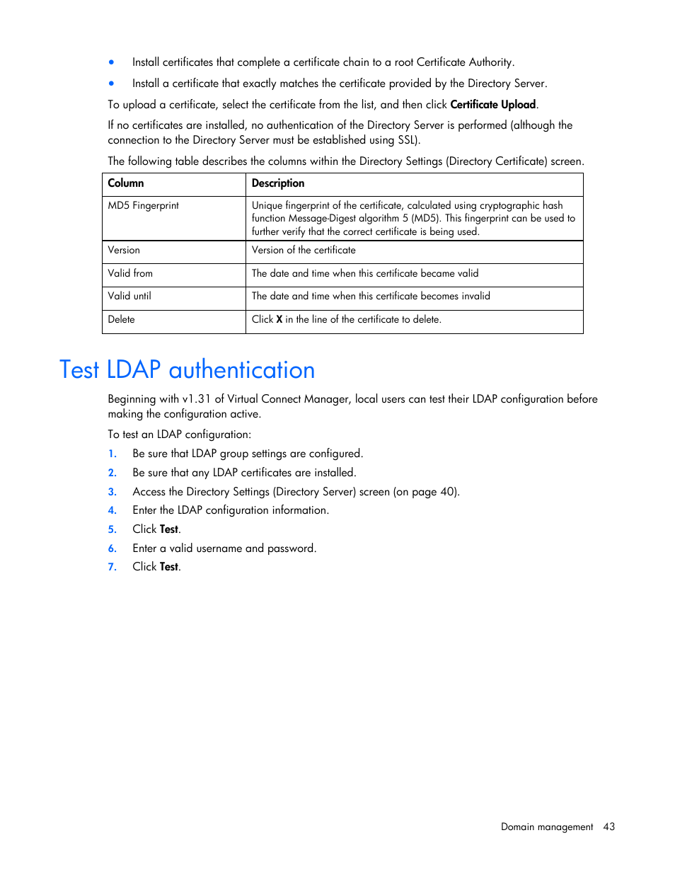 Test ldap authentication | HP Virtual Connect Flex-10 10Gb Ethernet Module for c-Class BladeSystem User Manual | Page 43 / 169