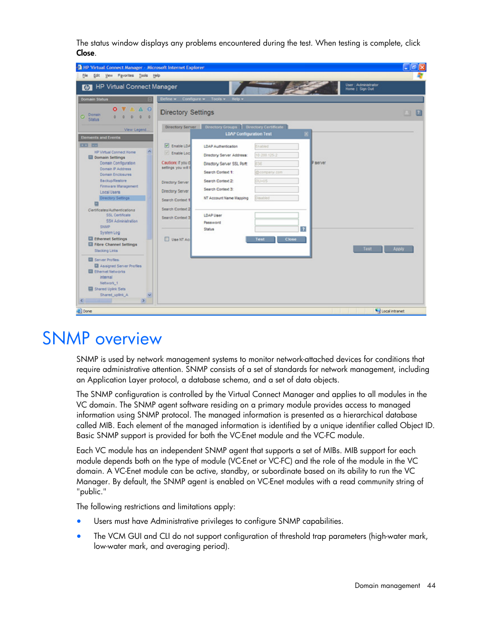 Snmp overview | HP Virtual Connect Flex-10 10Gb Ethernet Module for c-Class BladeSystem User Manual | Page 44 / 169