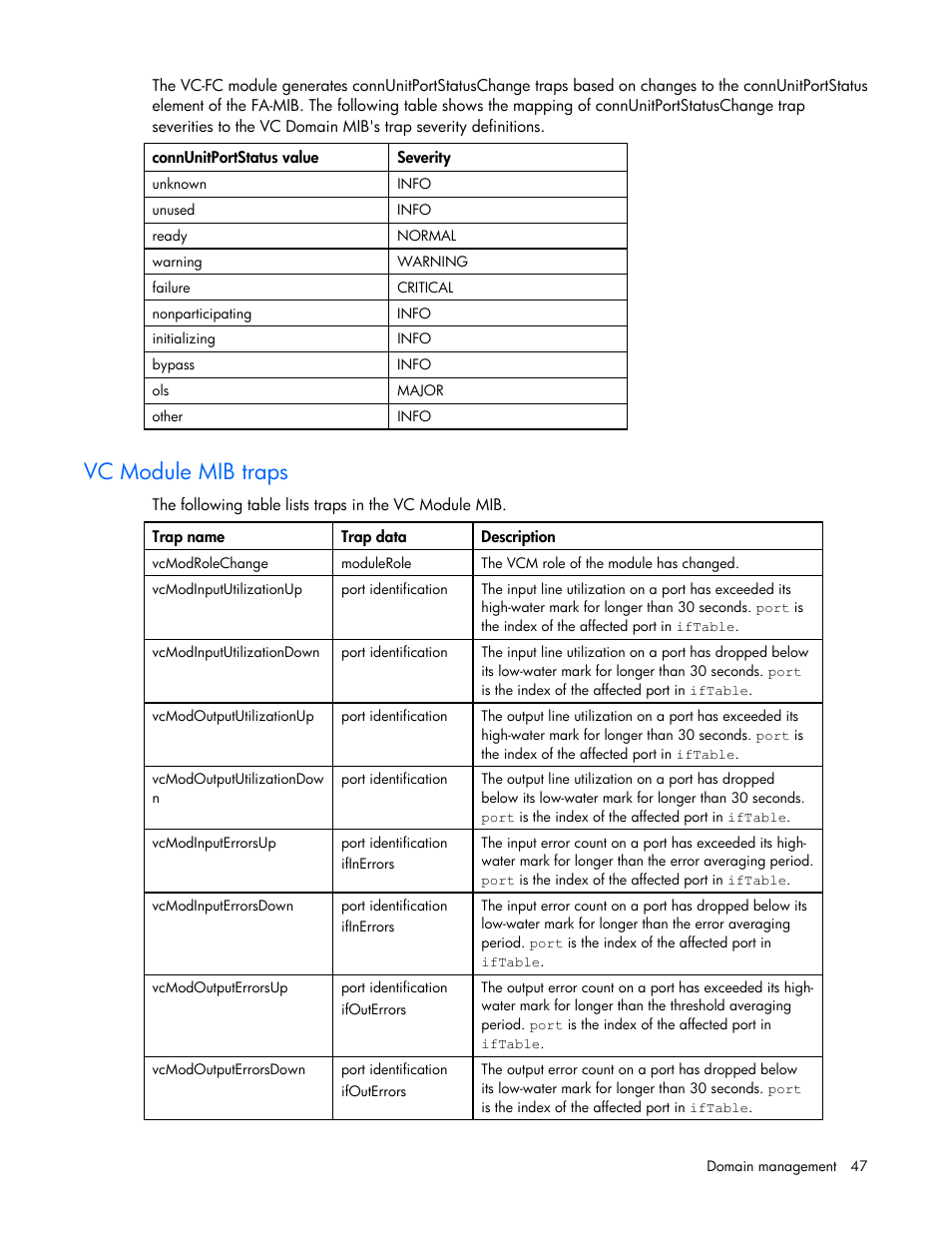 Vc module mib traps | HP Virtual Connect Flex-10 10Gb Ethernet Module for c-Class BladeSystem User Manual | Page 47 / 169