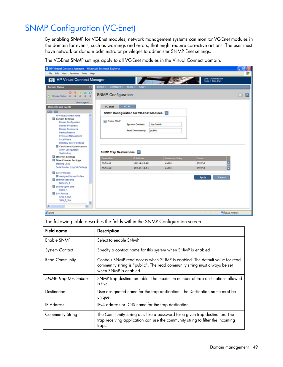 Snmp configuration (vc-enet) | HP Virtual Connect Flex-10 10Gb Ethernet Module for c-Class BladeSystem User Manual | Page 49 / 169