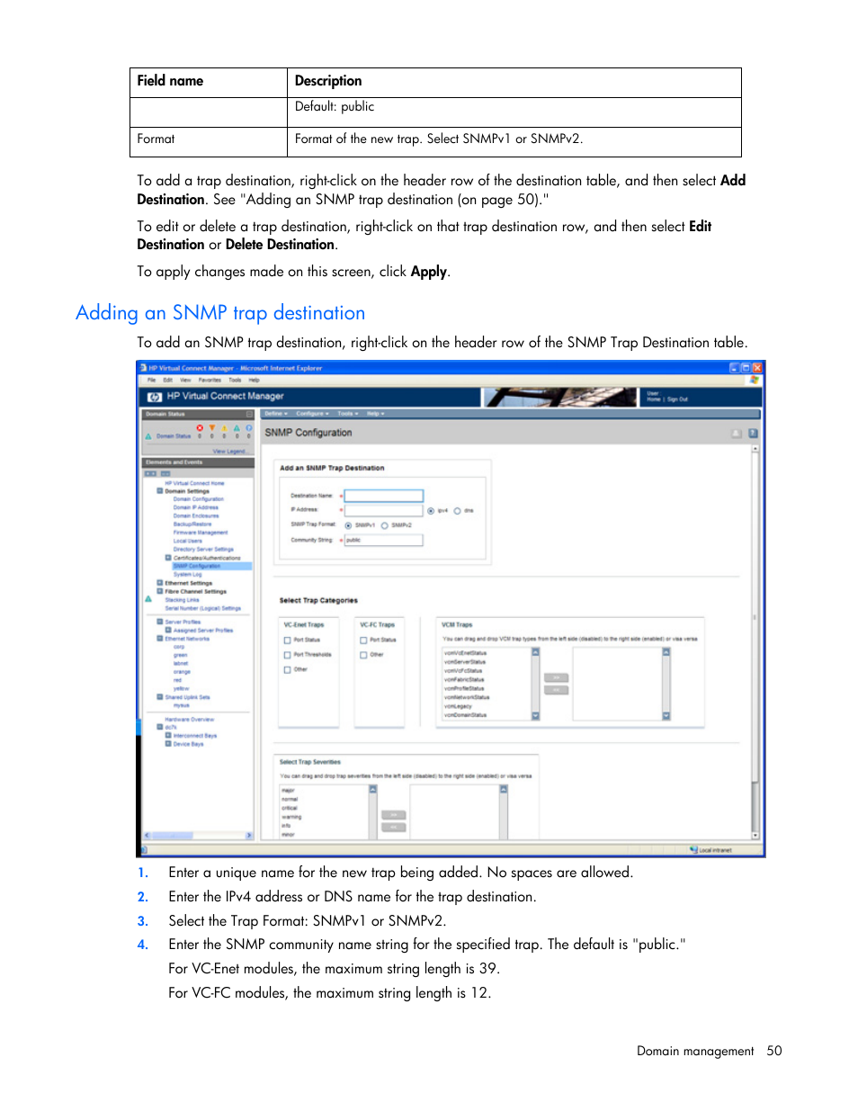 Adding an snmp trap destination | HP Virtual Connect Flex-10 10Gb Ethernet Module for c-Class BladeSystem User Manual | Page 50 / 169