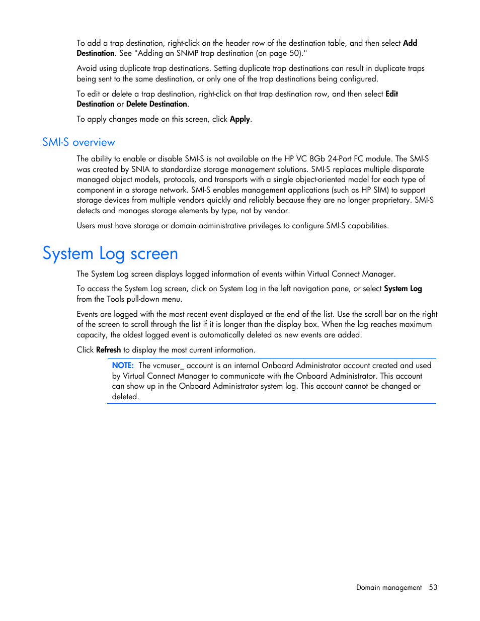 Smi-s overview, System log screen | HP Virtual Connect Flex-10 10Gb Ethernet Module for c-Class BladeSystem User Manual | Page 53 / 169