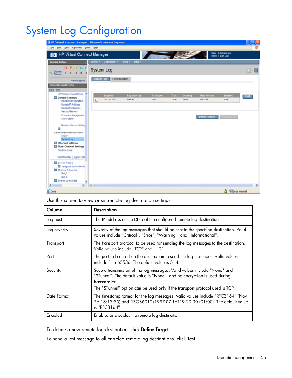 System log configuration | HP Virtual Connect Flex-10 10Gb Ethernet Module for c-Class BladeSystem User Manual | Page 55 / 169