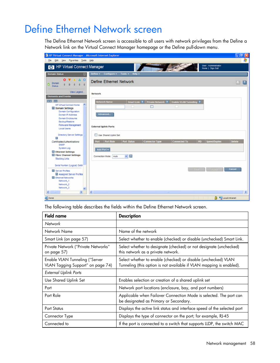 Define ethernet network screen, Defining a network | HP Virtual Connect Flex-10 10Gb Ethernet Module for c-Class BladeSystem User Manual | Page 58 / 169