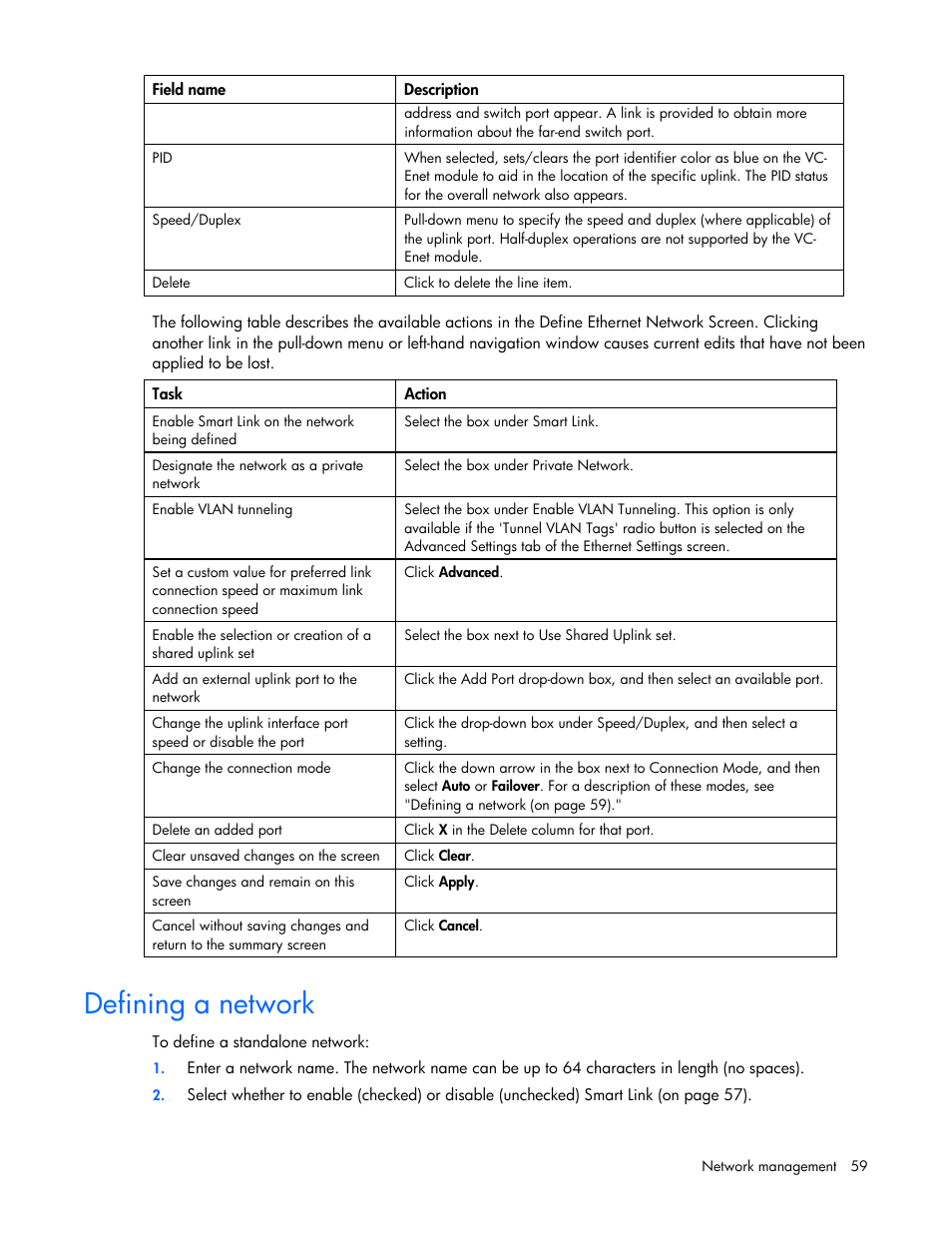 Defining a network | HP Virtual Connect Flex-10 10Gb Ethernet Module for c-Class BladeSystem User Manual | Page 59 / 169