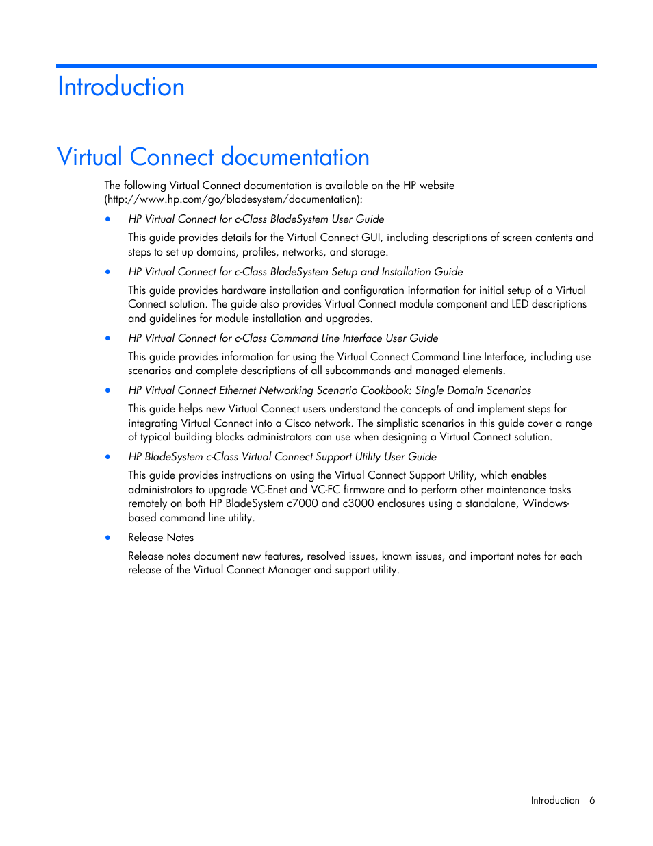 Introduction, Virtual connect documentation | HP Virtual Connect Flex-10 10Gb Ethernet Module for c-Class BladeSystem User Manual | Page 6 / 169