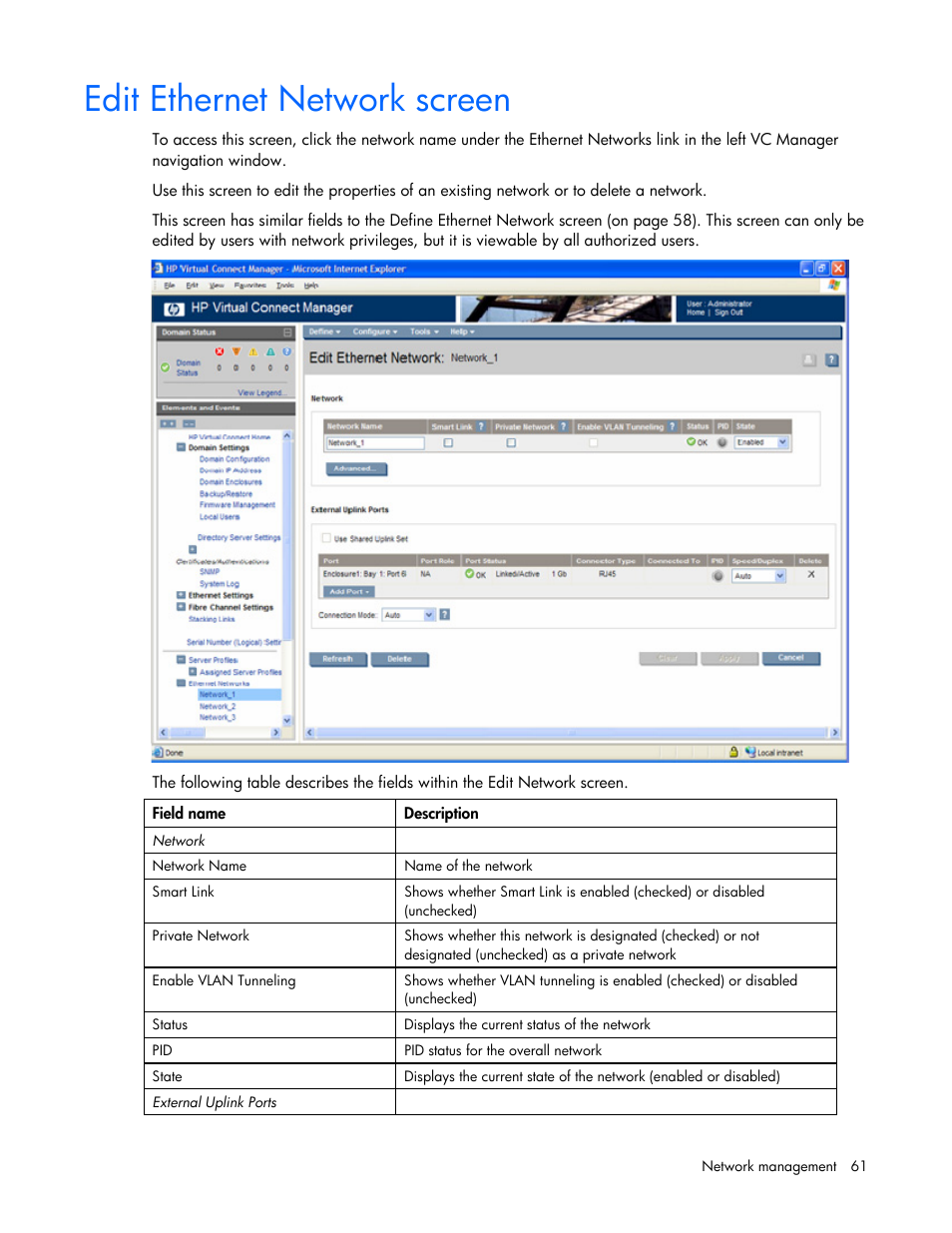 Edit ethernet network screen | HP Virtual Connect Flex-10 10Gb Ethernet Module for c-Class BladeSystem User Manual | Page 61 / 169