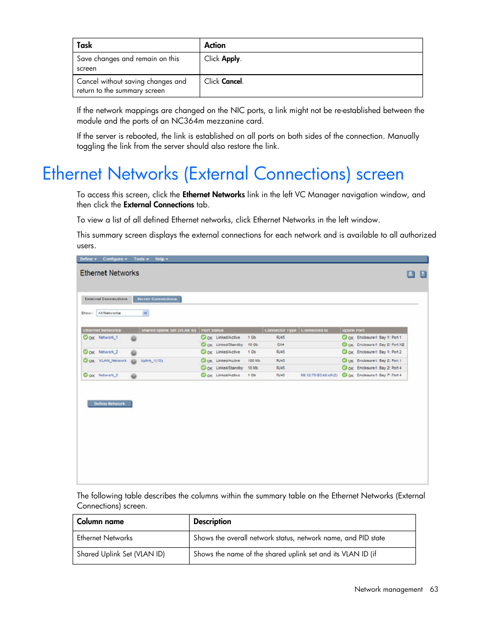 Ethernet networks (external connections) screen | HP Virtual Connect Flex-10 10Gb Ethernet Module for c-Class BladeSystem User Manual | Page 63 / 169