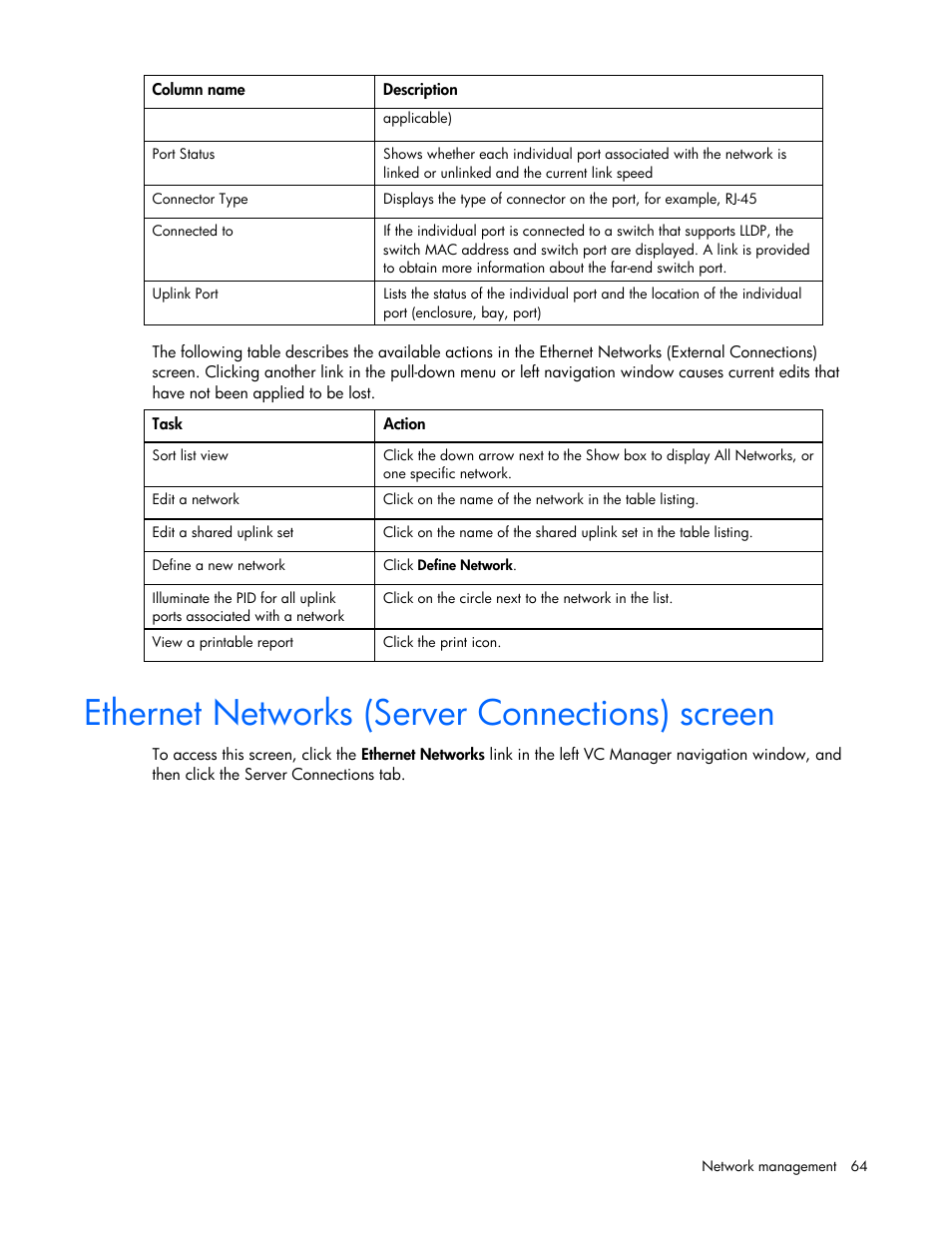 Ethernet networks (server connections) screen | HP Virtual Connect Flex-10 10Gb Ethernet Module for c-Class BladeSystem User Manual | Page 64 / 169