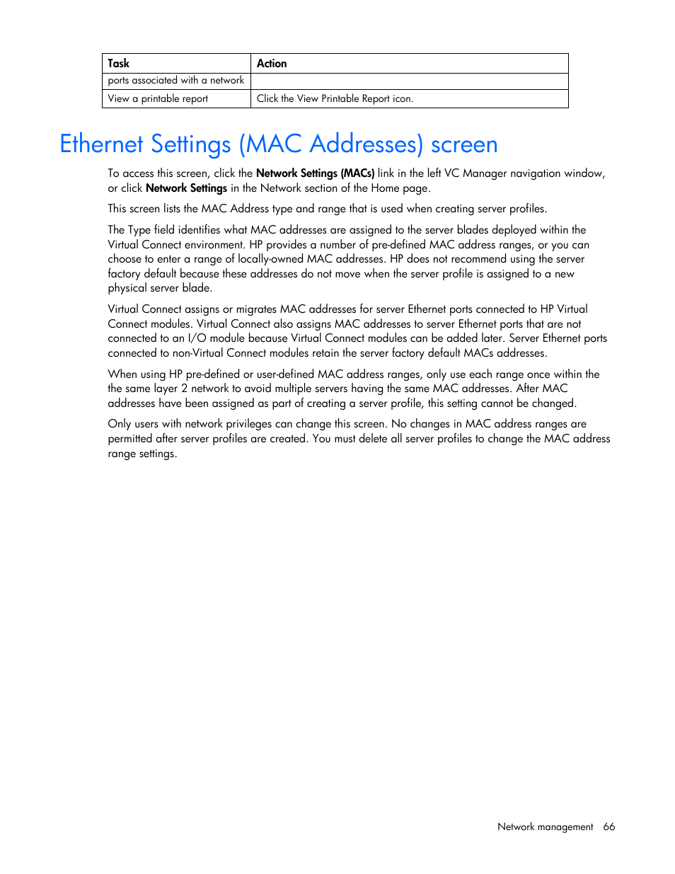 Ethernet settings (mac addresses) screen | HP Virtual Connect Flex-10 10Gb Ethernet Module for c-Class BladeSystem User Manual | Page 66 / 169