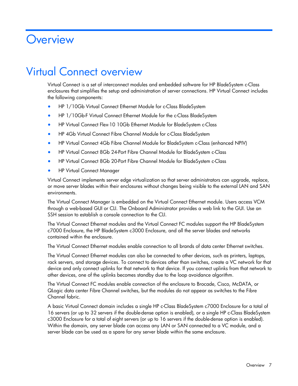 Overview, Virtual connect overview | HP Virtual Connect Flex-10 10Gb Ethernet Module for c-Class BladeSystem User Manual | Page 7 / 169