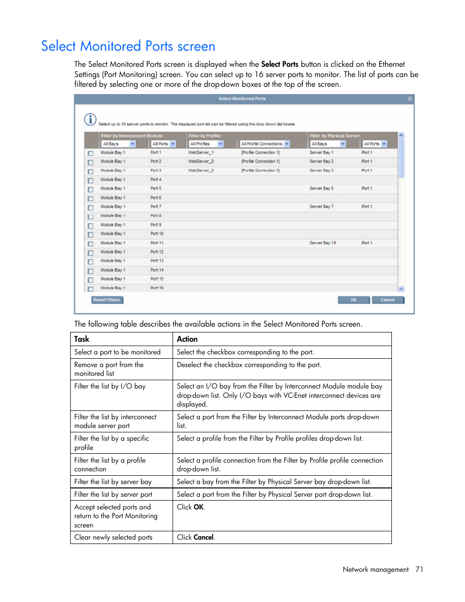 Select monitored ports screen | HP Virtual Connect Flex-10 10Gb Ethernet Module for c-Class BladeSystem User Manual | Page 71 / 169